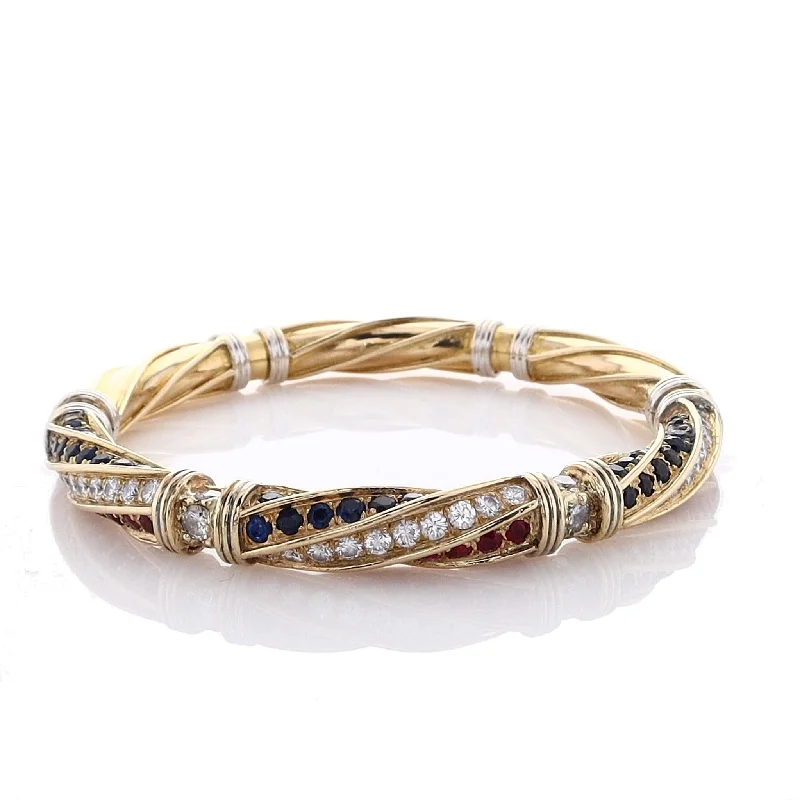 women stackable bangles -Estate 18k Two Tone Sapphires Rubies and Diamonds Bangle Bracelet