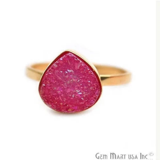 women wedding rings -Hot Pink Heart Druzy Gold Plated Ring, Adjustable Fashion Jewelry Ring (GPZP-12014)