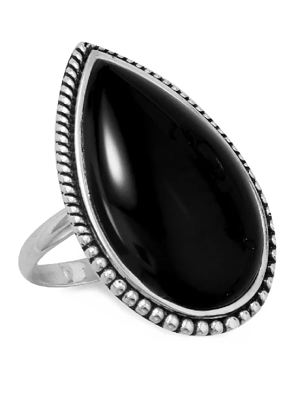 women minimalistic engagement rings -Sterling Silver Large Black Onyx Ring Beaded Edge