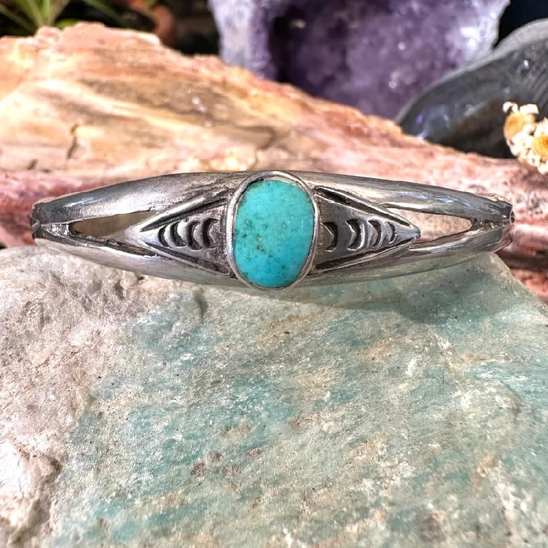 women mixed metal bracelets -Vintage Navajo Sand Cast Sterling Silver Turquoise Cuff Bracelet