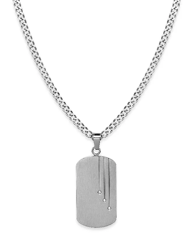 women boho style necklaces -Men's Stainless Steel Cubic Zirconia Dog Tag Pendant Necklace