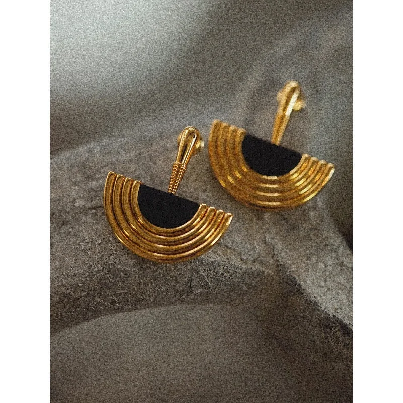 women stackable earrings -Modern Black & Gold Semi-Circle Earrings jlt11800