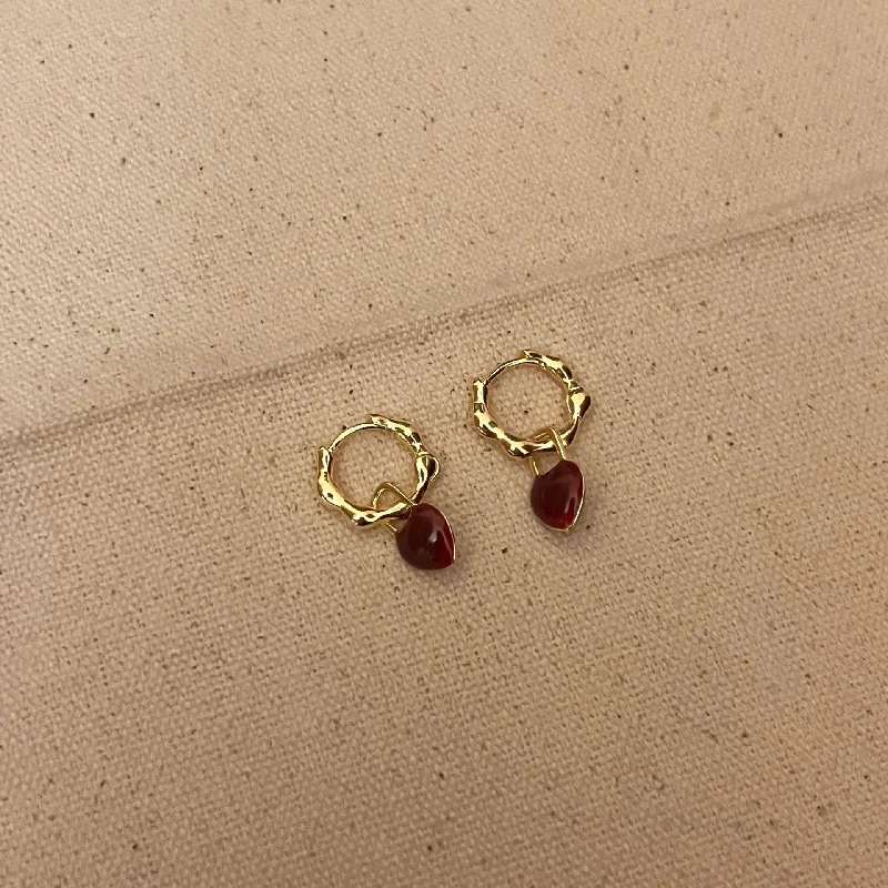 women elegant stud earrings -Gold Textured Hoop Earrings with Deep Red Gemstone Charm jlt11757