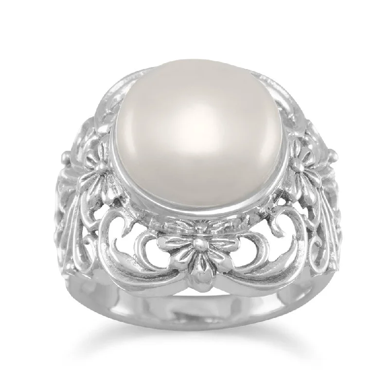 women minimalist rings -Cultured Freshwater Pearl Ring with Filigree Design Sterling Silver