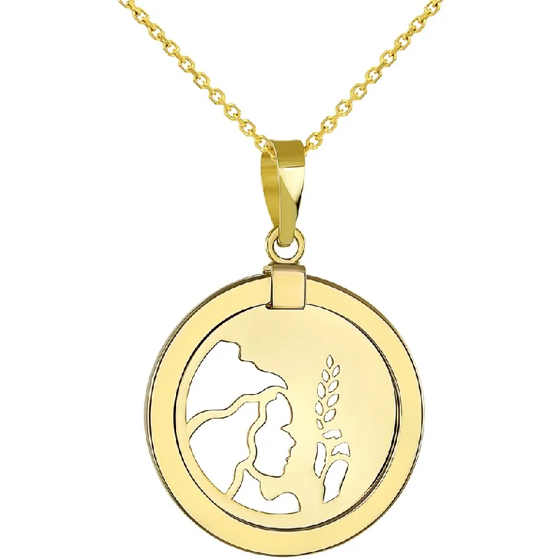 women chain link necklaces -14K Yellow Gold Reversible Round Virgo Zodiac Sign Pendant with Chain Necklace With Cable, Curb or Figaro Chain