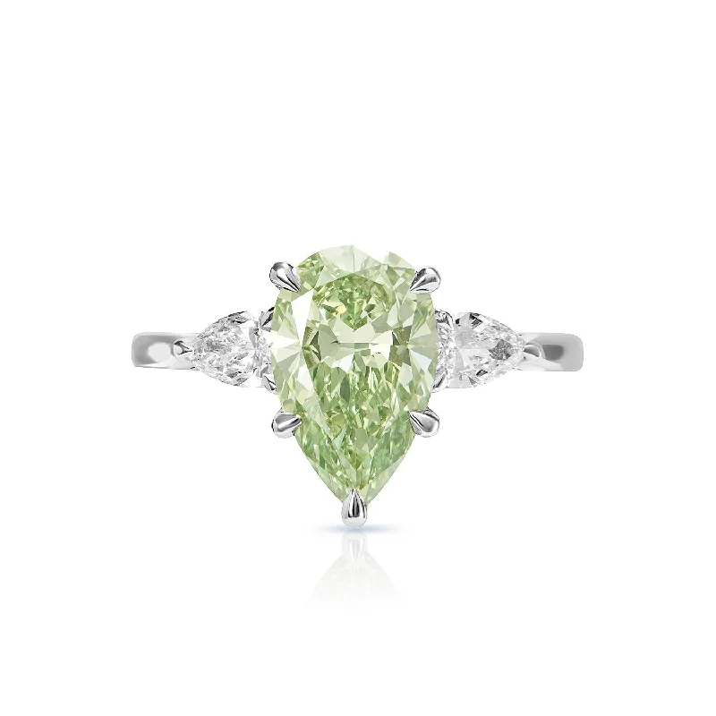 women affordable engagement rings -Elliana 2 Carats Pear Shape Earth Mined Fancy Intense Yellow Green Diamond Engagement Ring in Platinum. GIA