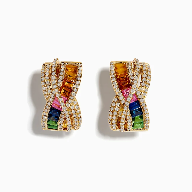 women rose gold earrings -14K Yellow Gold Multi Color Sapphire and Diamond Crossover Hoop Earrings