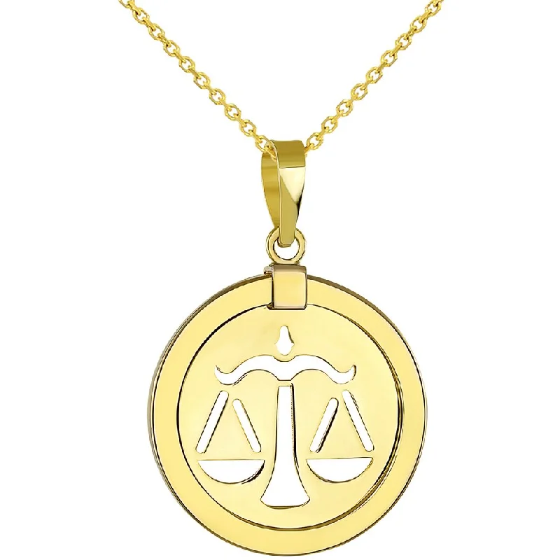 women unique pendant necklaces -14K Yellow Gold Reversible Round Libra Scale Zodiac Sign Pendant With Cable, Curb or Figaro Chain Necklace