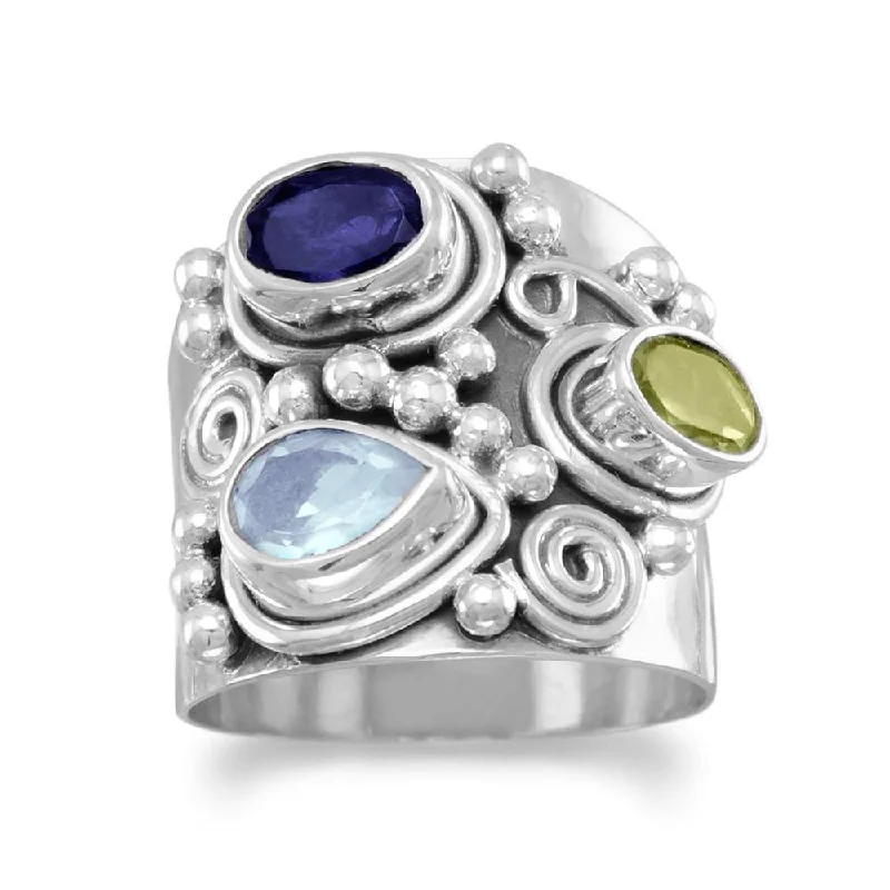 women boho rings -Etruscan Wide Band Three Stone Iolite, Peridot, Blue Topaz Sterling Silver Ring