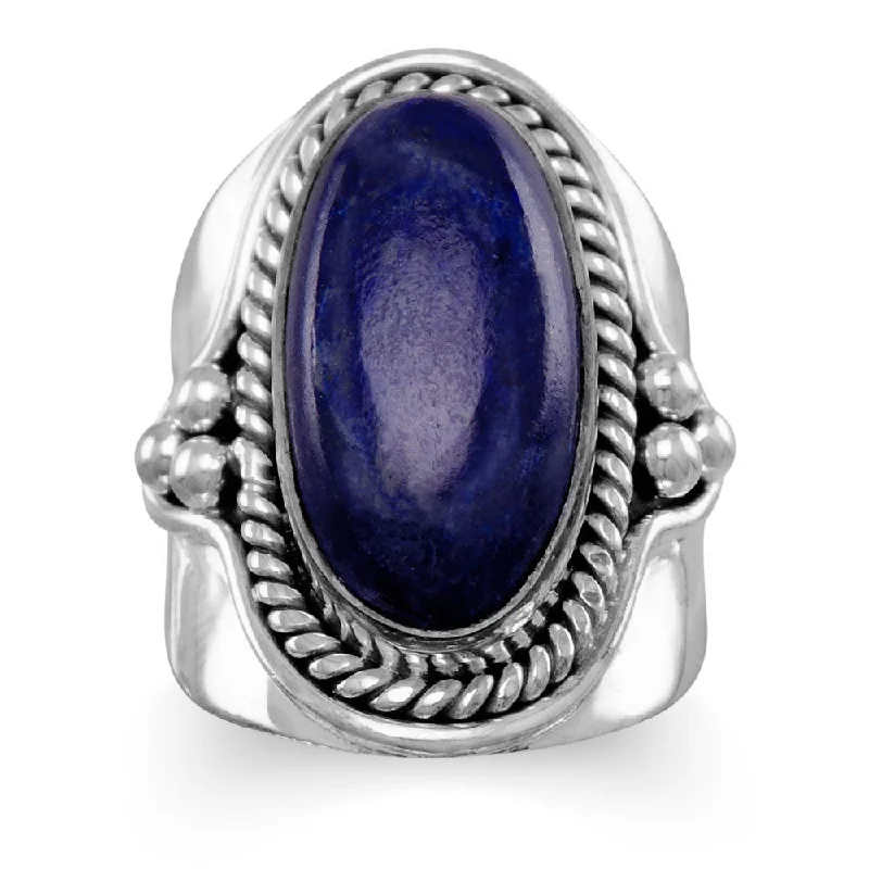 women engraved rings -Lapis Lazuli Rope and Bead Polished Band Sterling Silver Ring