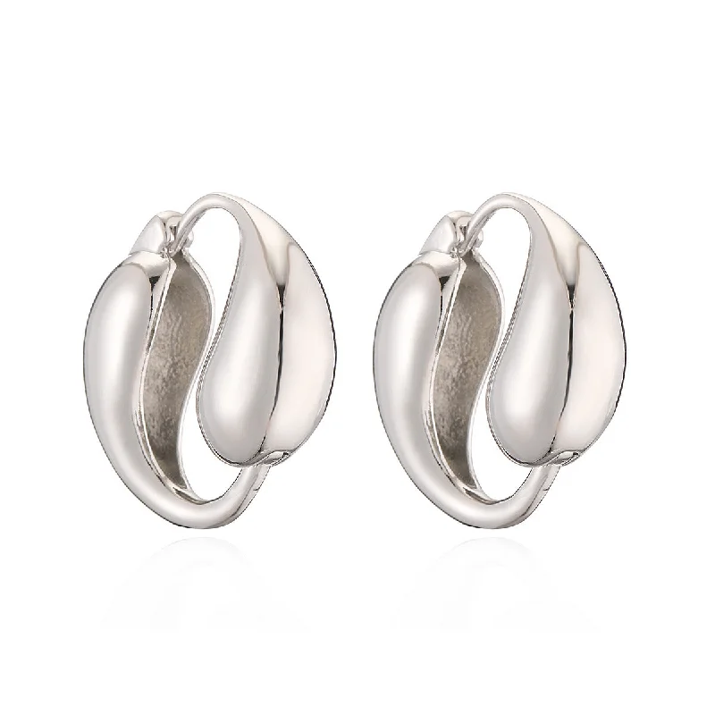 women chic stud earrings -Dual Water Droplet Circulation Silver Hoop Earrings JLT12860