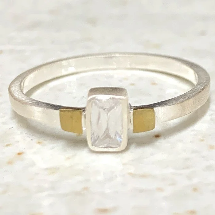 women chunky rings -RING SILVER BAND BAGUETTE ZIRCON BRASS SQUARE FEATURE SIZE 7.5