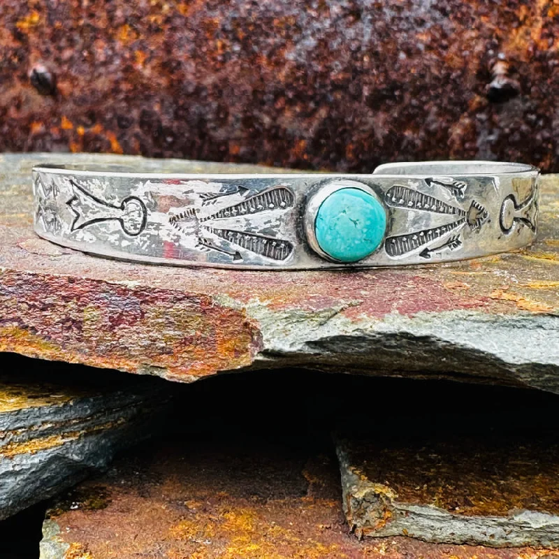 women gold plated bangles -Old Navajo Wrought Silver & Turquoise Cuff Bracelet