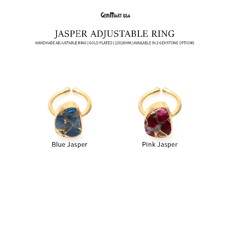 women gemstone cocktail rings -Jasper 13x16mm Gemstone Gold Plated Adjustable Ring