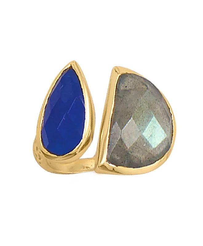 women pearl rings -Labradorite and Blue Jade Split Style Ring Gold-plated