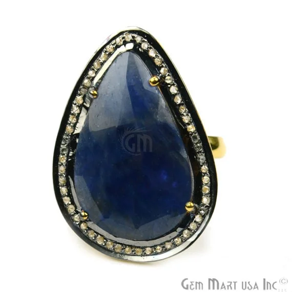 women gemstone rings -Sapphire with Diamond Pave Ring, 925 Sterling Silver Gold Vermeil Adjustable Gemstone Ring (NDRG-12034)