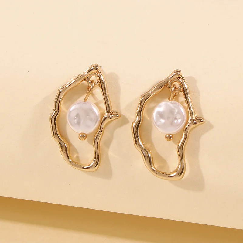 women boho earrings -Gold Abstract Frame Earrings with Faux Pearl Drop-jlt11747