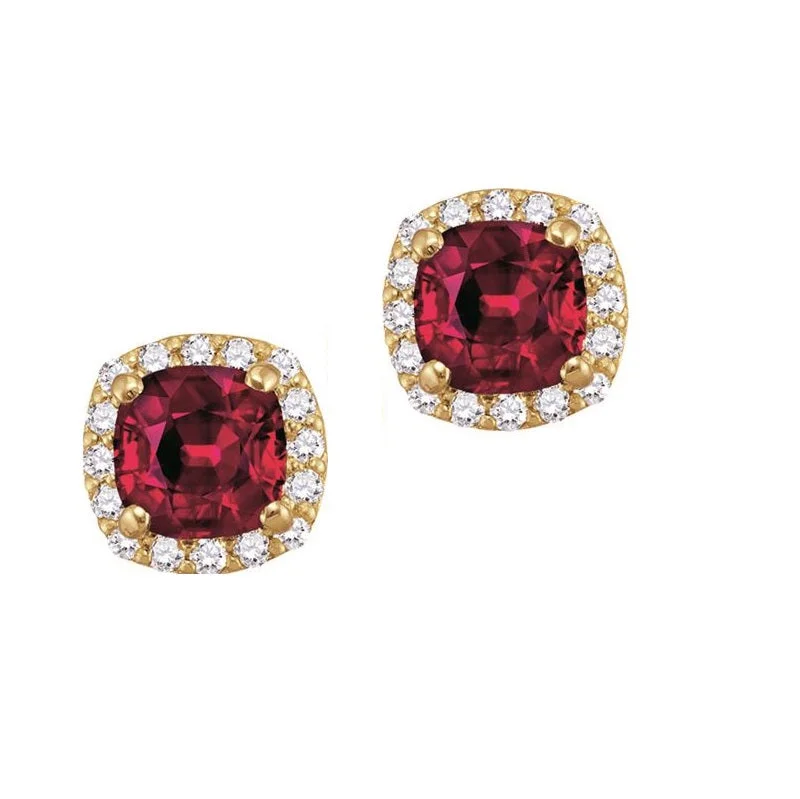 women sparkling earrings -5MM Cushion Ruby and White Sapphire Birthstone Halo Stud Earrings in 10KT Yellow Gold