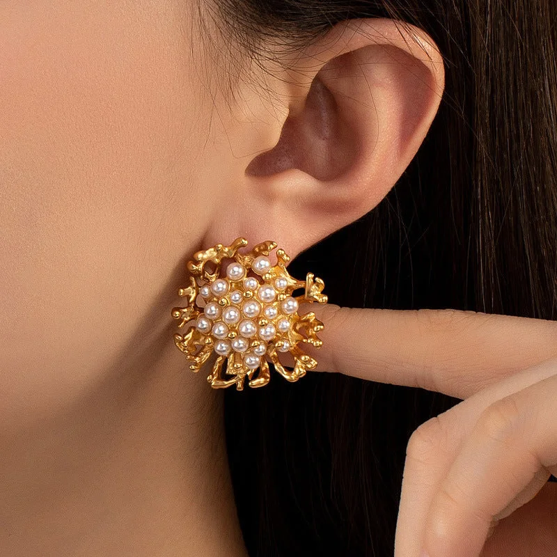 women lightweight earrings -Bunch Of Pearl Gold Pin Earrings JLT12942