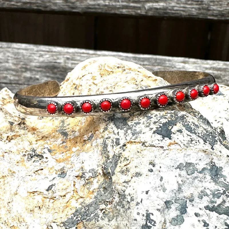 women gemstone bangles -Vintage Zuni Sterling Silver & Red Coral Snake Eye Row Bracelet