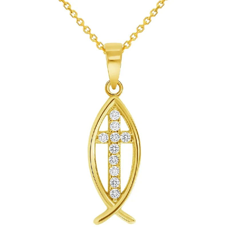 women luxurious silver necklaces -14k Yellow Gold Cubic Zirconia Ichthus Cross Charm Christian Fish Symbol Pendant Necklace