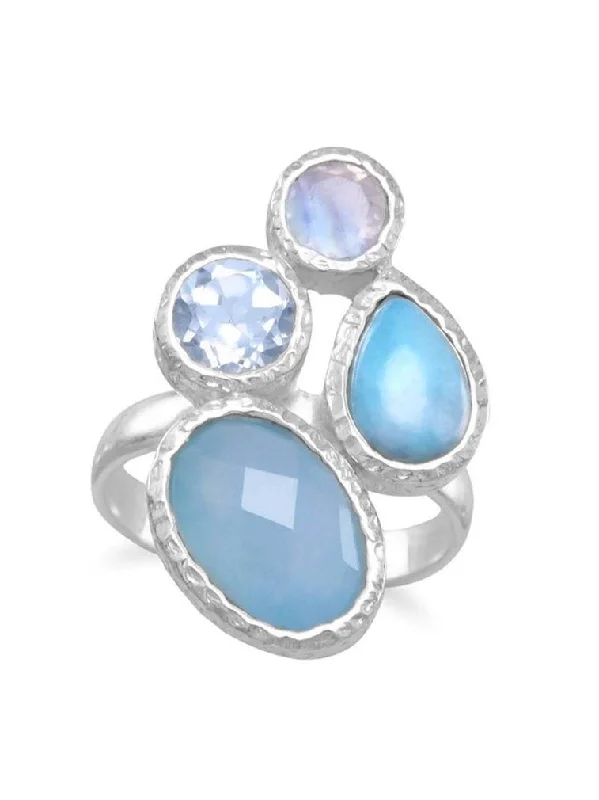 women gold rings -Blue Dyed Chalcedony, Larimar, Blue Topaz, and Moonstone Ring Sterling Silver