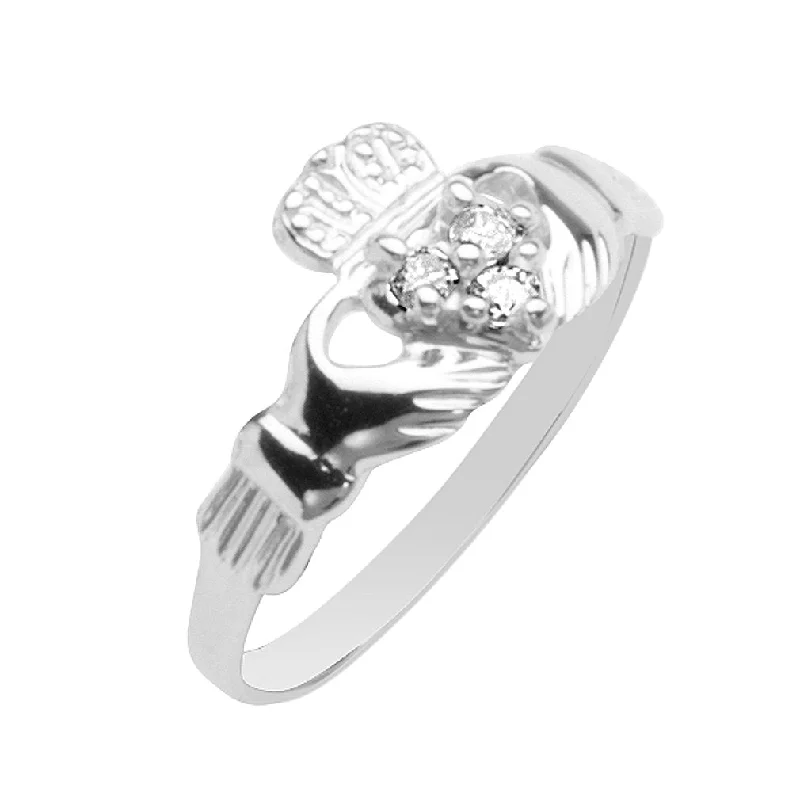 women eternity rings -14k White Gold Claddagh Ring with Three Genuine Diamond Accents