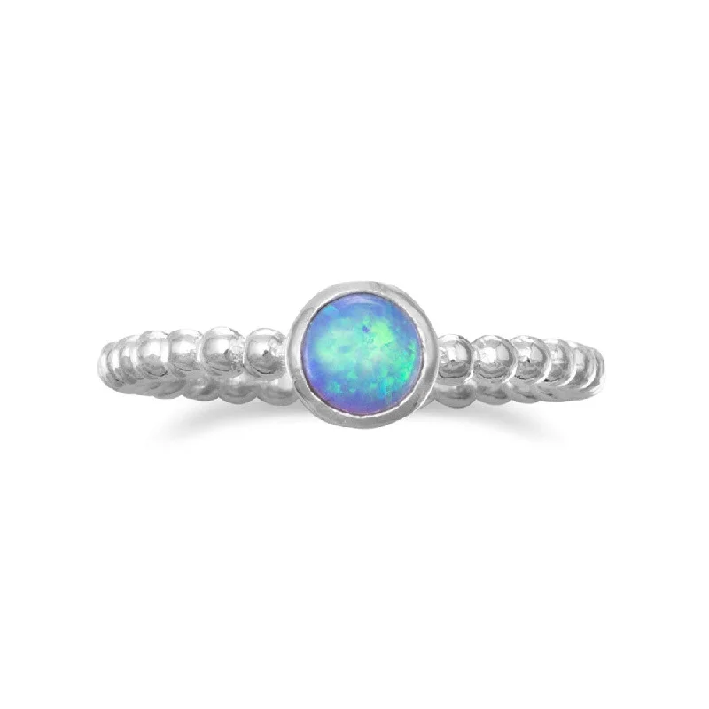 women bold engagement rings -Blue Synthetic Opal Ring Round Shape Bead Design Band Sterling Silver