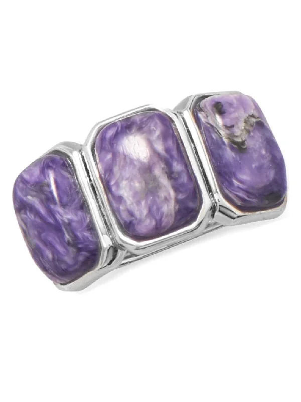 women stackable rings -Three Stone Purple Charoite Wide Band Ring Sterling Silver