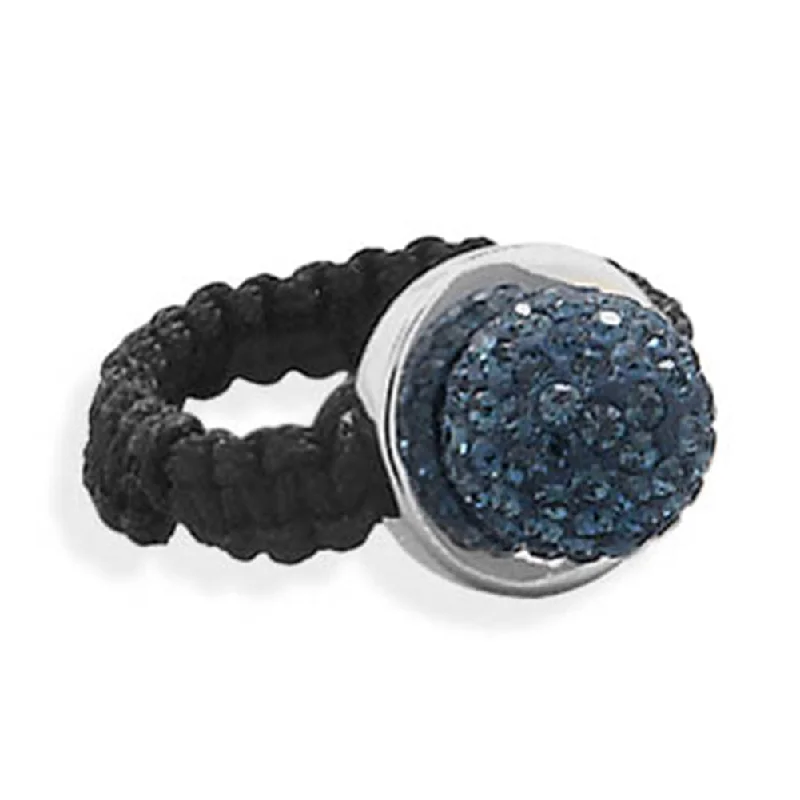 women boho rings -Dark Blue Pave Crystal Ball Ring with Black Macrame Band Sterling Silver