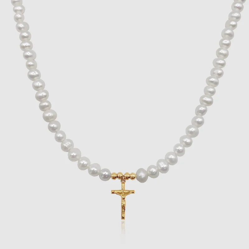 women simple gold necklaces -Crucifix Real Pearl Necklace (Gold)