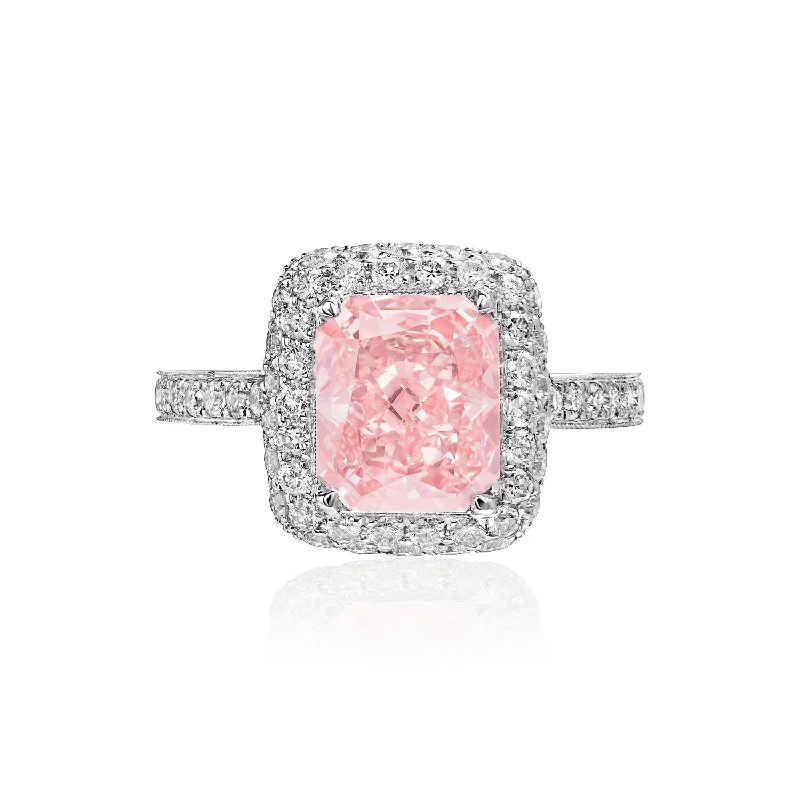 women forever engagement rings -Rebecca 4 Carat Fancy Vivid Pink VVS1 Radiant Cut Diamond Engagement Ring in 18k White Gold By Mike Nekta with GIA