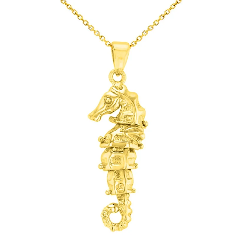 women affordable necklaces -Solid 14K Yellow Gold Dangling Seahorse Pendant With Cable, Curb or Figaro Chain Necklace