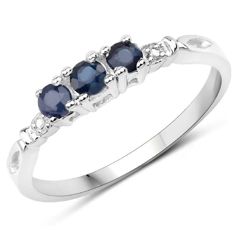 women adjustable rings -Three-stone Genuine Sapphire Ring Rhodium on Silver September Birthstone, size 6