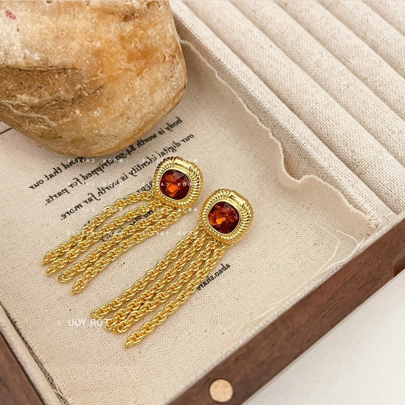 women stacking earrings -Elegant Gold Chain Tassel Earrings with Amber Stone Accent-jlt11600