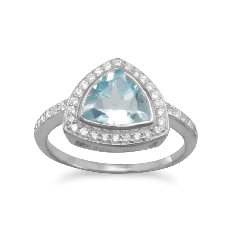 women stackable engagement rings -Triangle Blue Topaz Ring Sterling Silver  Cubic Zirconia Halo and Side Stones