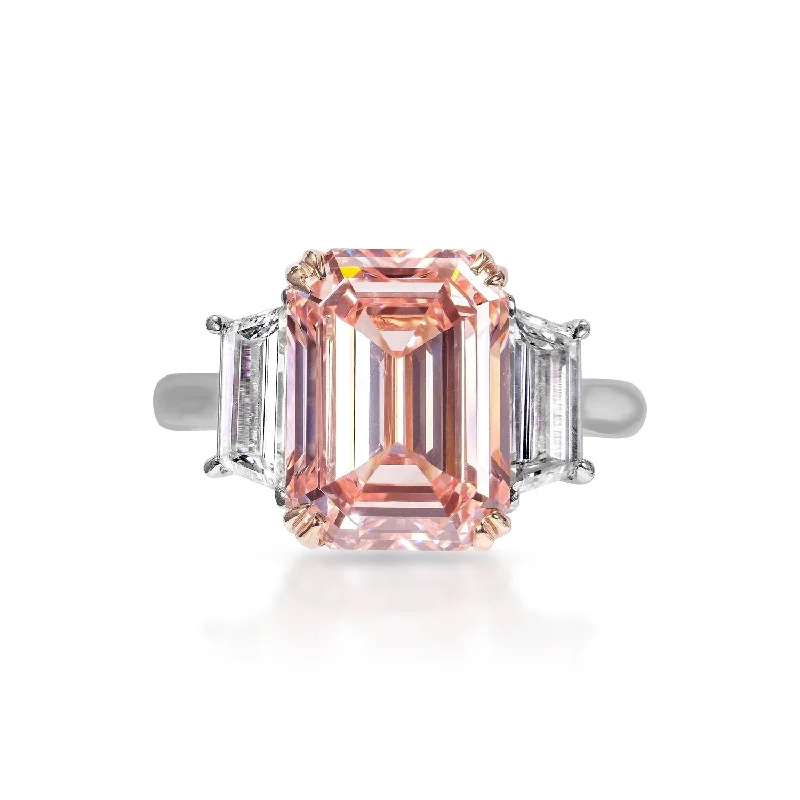 women oval cut engagement rings -Gloria 7 Carats Pink VVS1 Emerald Cut Diamond Engagement Ring in 18k White Gold. GIA Certified