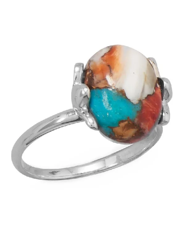 women birthstone rings -Coral, Turquoise, and Spiny Oyster Compressed Stone Ring Sterling Silver