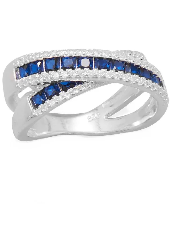 women custom gemstone rings -Overlap X Band Ring Blue and White Cubic Zirconia Graduated Sterling Silver