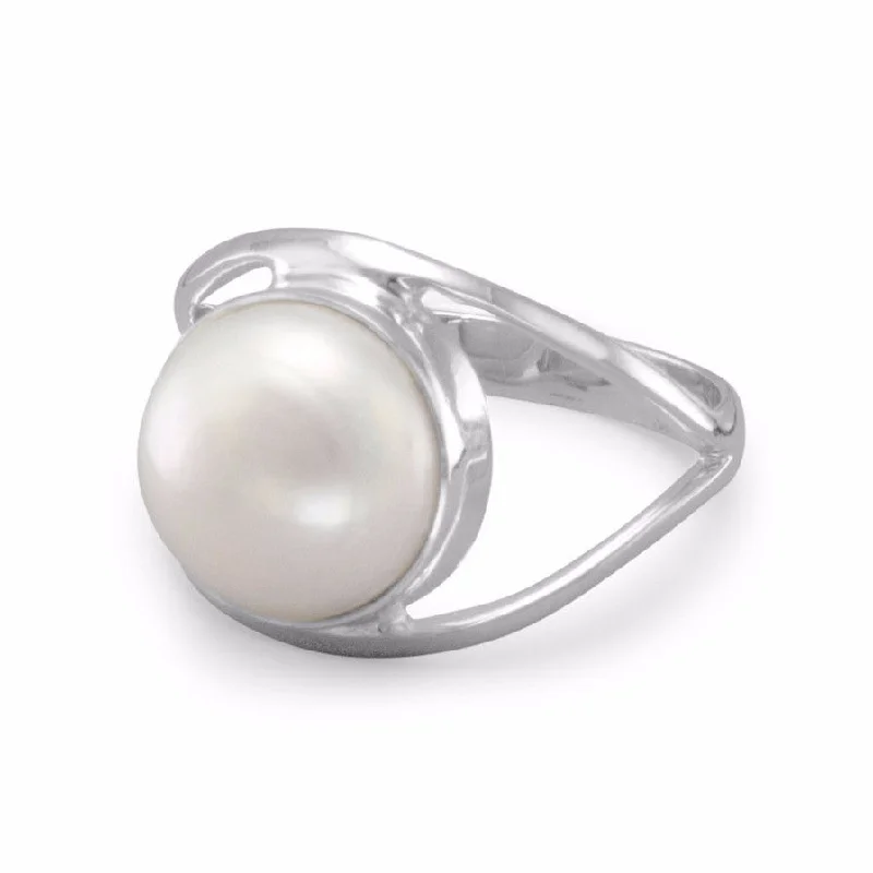 women simple gold rings -White Cultured Freshwater Pearl 10mm Open Split Band Ring Sterling Silver