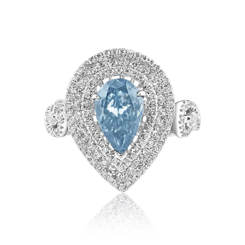 women custom-designed engagement rings -Novah 2 Carats Fancy Intense Blue VS1 Pear Shape Diamond Engagement Ring in 18k White Gold GIA CERTIFIED