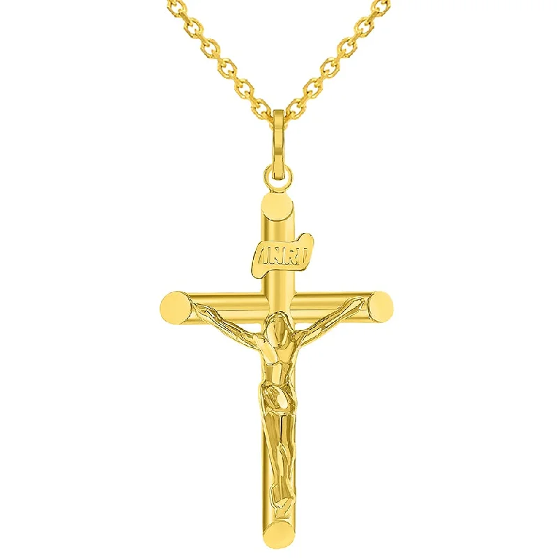 women rhinestone necklaces -14k Yellow Gold INRI Tubular Cross Charm Traditional Roman Catholic Crucifix Pendant With Cable, Curb or Figaro Chain Necklace