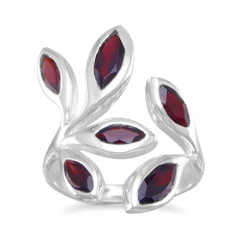 women cocktail rings -Garnet Marquise Leaf Sterling Silver Wrap Around Ring Adjustable