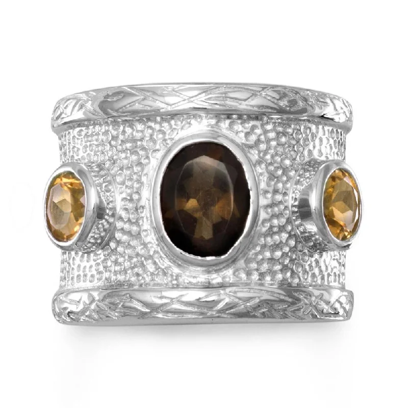 women engagement ring bands -Wide Band Ring with Yellow Citrine and Smoky Quartz Sterling Silver, Sizes 6-10