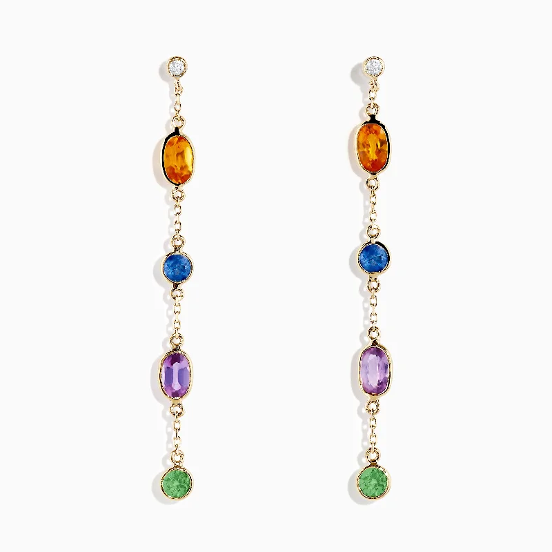 women flower earrings -14K Yellow Gold Multi Color Sapphire and Diamond Station Earrings