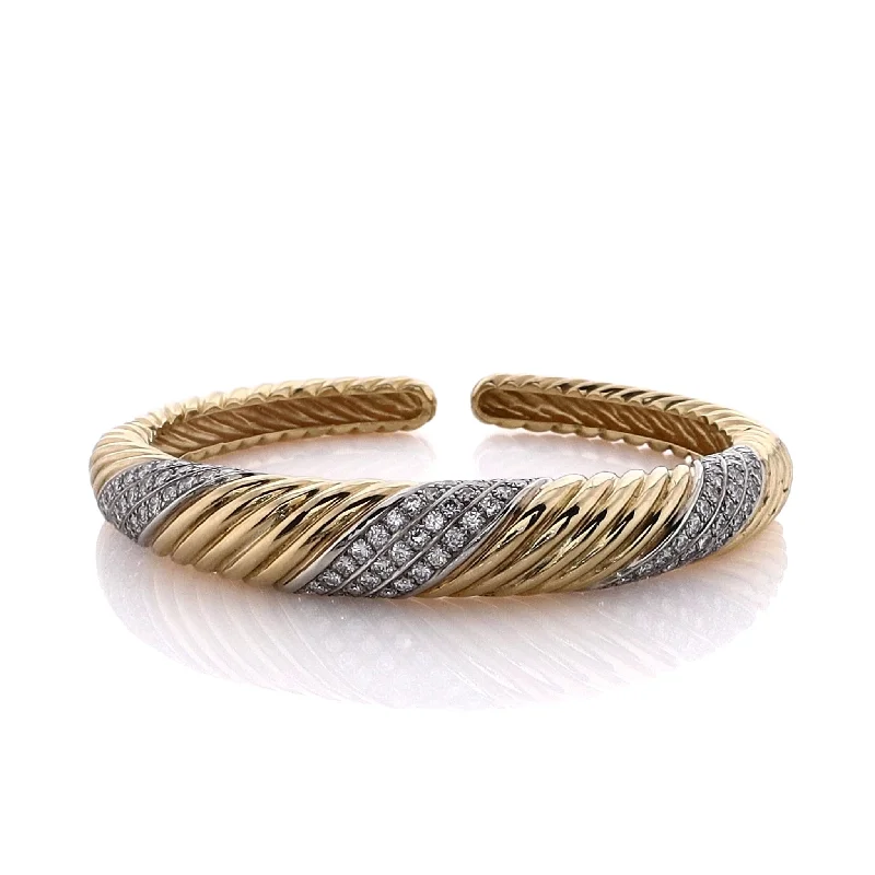 women affordable bracelets -Estate 18 Karat Two-Tone Hinged Ribbed Cuff Design Diamond Bracelet