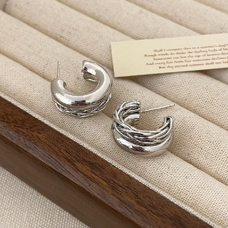 women cute earrings -Retro Double Layer Twisted Silver Pin Earrings JLT12900