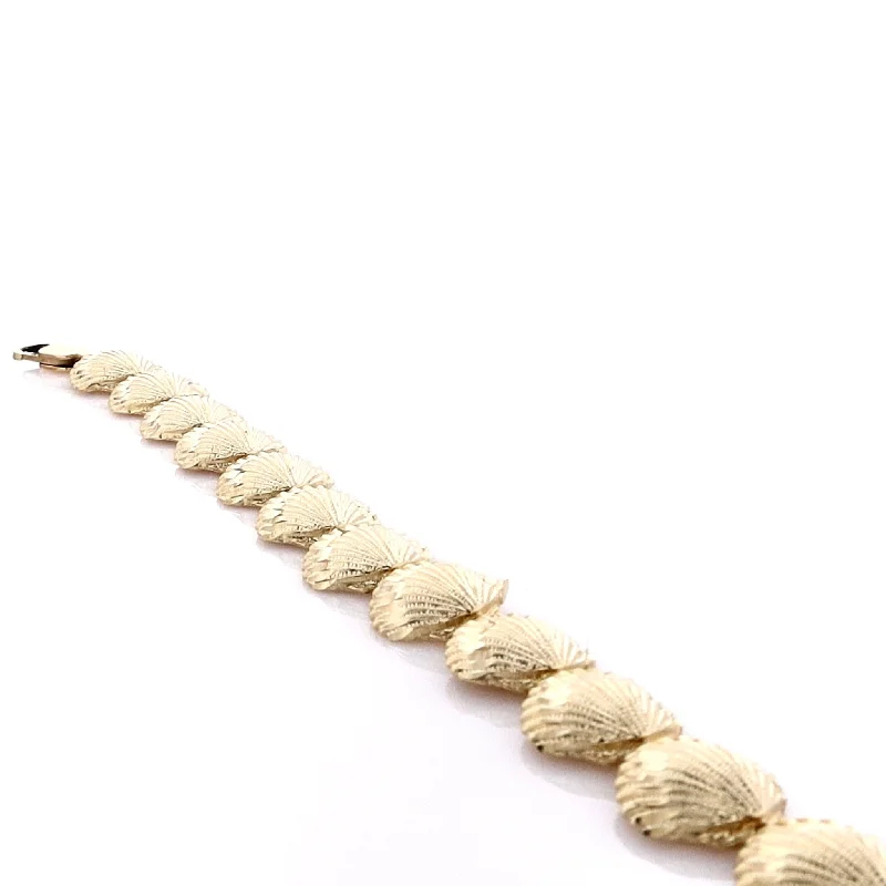 women gold bracelets -Estate 14k Yellow Gold Diamond Cut Sea Shell Bracelet