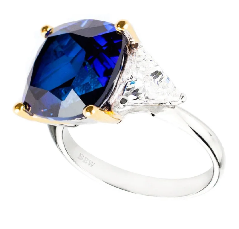 women luxury diamond rings -Sterling Silver Lab Created Sapphire Cushion & Clear Trillion Ring with 18 KGP Prongs