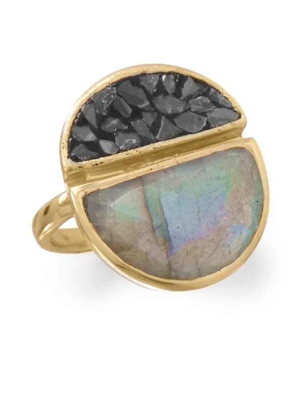 women wedding bands for her -Diamond Chip and Labradorite Ring Split Style Gold-plated Sterling Silver